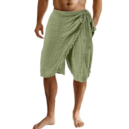 Pantalon Corto Hombre con Falda de Pareo Envolvente de Mezcla de Lino Cintura Elástica Pantalones Cortos Hombre con Lazo en La Cintura Sueltos Cómodo y Transpirable Pantalón de Harén para Playa