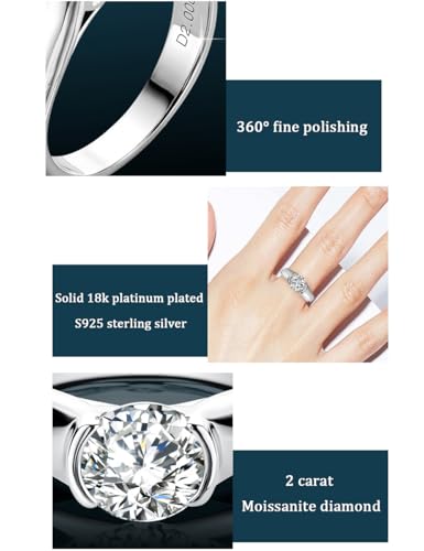 Moissanite Wedding Band, Moissanite Rings for Women, 2 Carat D Color VVS1 Lab Created Diamond Platinum Silver Plated Half Bezel Set Ring, Round Cut Solitaire Engagement Ring3