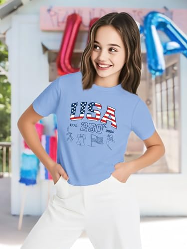Image of VVNTY Girls American Flag Crop Tops Kids USA Crop Shirt Patriotic 4th of July Tops 5-14 Years