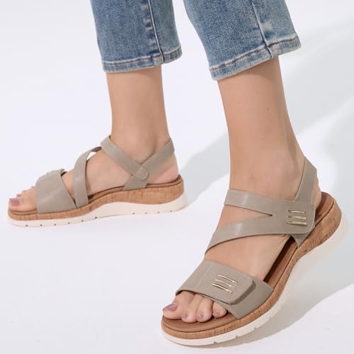 Image of UBFEN Womens Low Wedge Walking Sandals with Arch Support | Open Toe Sandals Adjustable Instep and Ankle Straps for Summer Everyday Outfits, Travel,Vacation