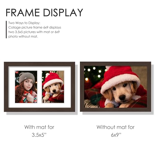 Image of DUENPY 6x9 Picture Frame Double 3.5x5 Collage Picture Frame Displays Two 3.5x5 inch Photos Collage Wall Decor Wall Hanging or Tabletop Walnut