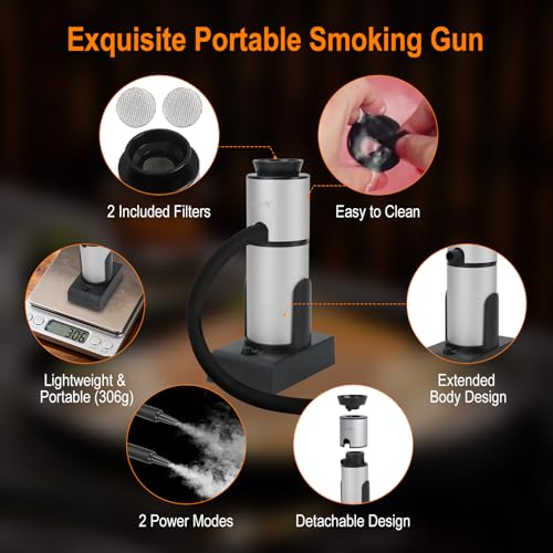 BORUIT Smoking Gun Cocktail & Food Smoker Kit, 2-Speed Cold Smoke Infuser for Cocktails, Whiskey, Meat, BBQ, Cheese – Includes Wood Chips & Accessories, Ideal Gift for Foodies – Silver