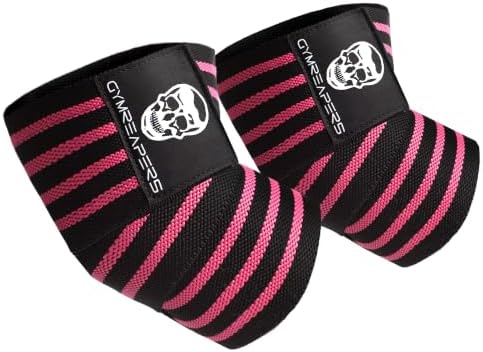 Gymreapers Weightlifting Elbow Wraps (1 Pair) - Flexible 40'' Elbow Compression Strap & Joint Support Brace - For Bench Press, Powerlifting, and Pressing (Pink)