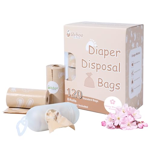 Image of USBOO Diaper Bags Disposable for Baby, Biodegradeable Dirty Diaper Bags (8 Refill Rolls/120 Bags) with Dispenser, Leak Proof Diaper Trash Bags, Baby Poop Bags, Cherry Blossom Scent
