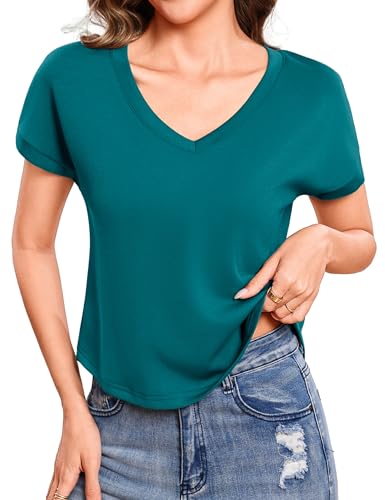 Totatuit Totatuit Women Cropped Cap Short Sleeve V Neck Fit Summer Casual Tee Shirts