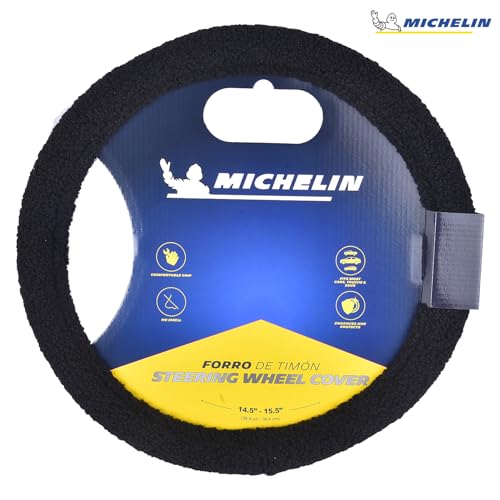 Image of MICHELIN iFit Premium Faux Leather Steering Wheel Cover- Black Fur Stich, DIY - No Tools Required to fit, iFit Technology Stretches to fit 14.5 inch & 15.5 inch Inches Most Steering Wheels