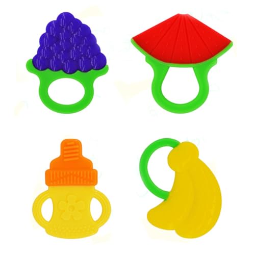 KEWUF Mordedor Fruta Bebé, Mordedor Frio Bebé, Mordedores Bebés, Uguetes Mordedores para Bebés, Mordedor Refrigerante, 3+ Meses, Libre de BPA (4 Piezas, Plátano, Sandía, Uva, Botella)