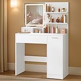 VASAGLE Kailyn Kollektion - Schminktisch, Frisiertisch mit LED-Spiegel und Steckdosenleiste, Kosmetiktisch, Schublade und offene Ablagen, Schrank mit 2 verstellbaren Ablagen, weiß RDT138W01