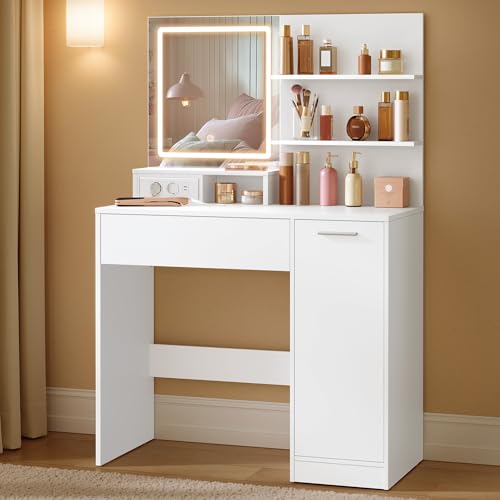 VASAGLE Kailyn Colección   Tocador con Espejo LED, con Regleta de Enchufes, Gabinete con 2 Estantes Ajustables, 1 Cajón, 2 Estantes Abiertos, Estilo Moderno, Blanco RDT138W01