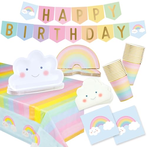 BLUE PANDA Rainbow Party Decorations Set - 99-Piece Set, Serves 24, Pastel Rainbow & Cloud Theme - Includes Cloud Plates - Multicolor Plates & Napkins - Happy Birthday Banner