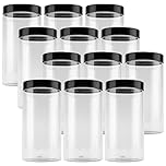 JEUIHAU 12 Pack 1000 ml Plastic Storage Jars with Black Lids, Clear Round Plastic Jars Wide Mouth Plastic Container for Food, Grain, Spice and Candy