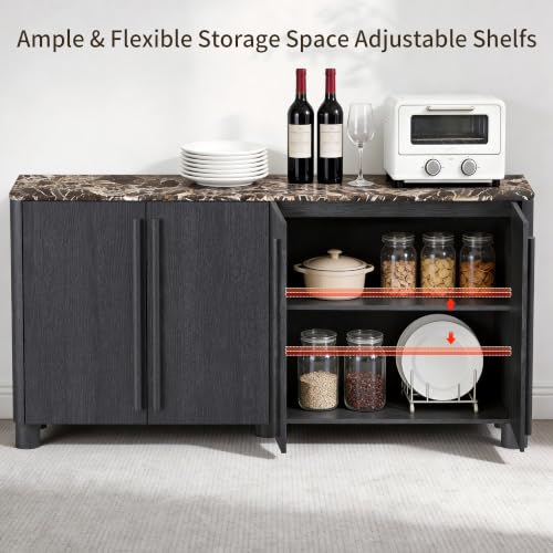 Image of 65 inch Sideboard Buffet Cabinet with Storage, Wood Grain Top Credenza with Adjustable Shelves, Curved Accent Cabinet with Round Legs for Dining Room, Living Room, Entryway, Coffee Bar, Black Grey