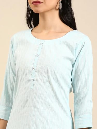 Image of SHOWOFFFF Women Woven Design Straight Ethnic Kurta | Round Neck 3 /4th Sleeves Cotton Kurta for Womens | Regular Fit Calf Length Kurta for Women's