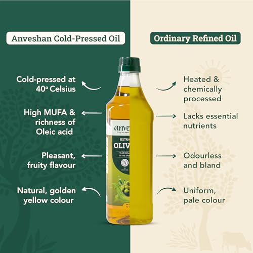 Image of Anveshan Extra Virgin Olive Oil - 1L PET Bottle | Cold Press Extraction | Rich in Vitamin E & K | Perfect for Salad Dressings, Sauteing, Marinades - Imported from Spain