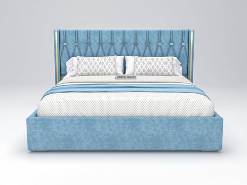 Image of Modern Upholstered King Size Bed with Box Storage for Bedroom | Wooden Double Bed with Storage | Platform Cot Bed with Upholstery Premium Fabric | Sheesham Solid Wood, (Blue), 6.5 x 6 Ft
