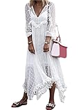 Tomwell Damen Kurzarm V-Ausschnitt Sommer Spitzen Strandkleid Maxi Kleider Boho Lang Lose Ärmellos Sommerkleid Vintage Elegant Casual A-Linie Kleid B Weiß XL