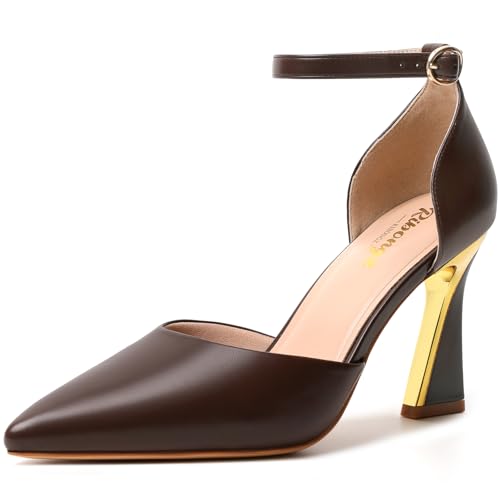 Image of RIBONGZ Comfortable Kitten Heels for Women Pointed Closed Toe Ankle Strap Buckle Heels Slip on Low Heel Church Pumps Wedding Bridal Party Dressy Shoes
