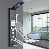 Duschpaneel Edelstahl Schwarz LED Duscharmatur Regendusche Wasserfall Regenduschkopf Massagedüsen ABS Handbrause, Wanneneinlauf für Badezimmer