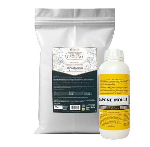 Ossian Caolino Micronizzato per Piante 25 KG + Sapone Molle 1 L – Kit Difesa Biologica Mosca Olivo, Insetti e Parassiti – Barriera Naturale, Agricoltura Bio