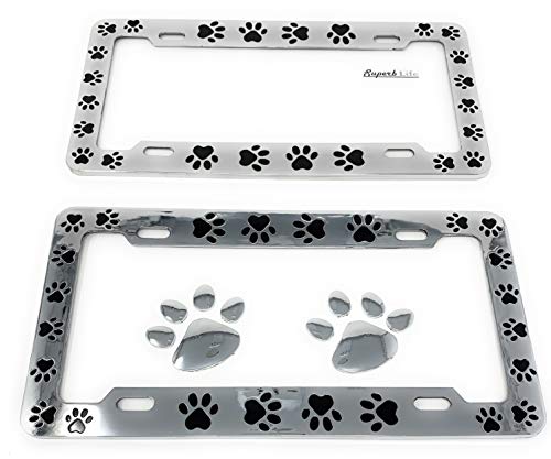 Animal Black Paws Print Design License Plate Frame, Pet Dog Cat, Set of 2 with 2pcs 3D Chrome Dog Paw Footprint Sticker Decal