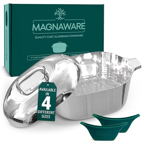 MAGNAWARE Cast Aluminum Oval Dutch Oven with Lid — 5 QT Heavy Duty Roaster Pan with Rack & Silicone Cover Dual Handles — Cajun Cookware for Roasting, Baking, Cooking (11' Small)