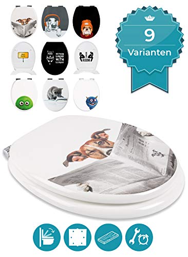 Calmwaters® WC Sitz Hund Schlauer Hund, Absenkautomatik, Fast-Fix-Befestigung aus Metall, universale O-Form, stabiler Holzkern Toilettendeckel, Komfort Toilettensitz lustig - 26LP2830