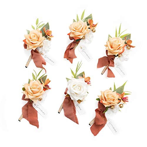 Ling's moment Boutonniere for Men, Terracotta White, 6pcs