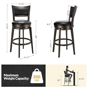 PrimeZone Swivel Bar Stools Set of 2 24 Inch Counter Height Barstools Black Faux Leather Bar Stool with High Backrest Solid Wood Legs Wrap around Footrest Counter Stools for Kitchen Island Pub