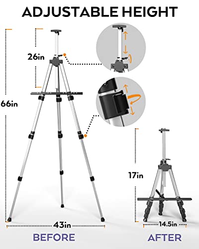 Nicpro Painting Easel For Display, Adjustable Height 17" To 66" Tabletop & Floor Art Easel, Aluminum Tripod Artist Easels Stand For Painting Canvas, Wedding Signs With Carry Bag - Silver #TOP1
