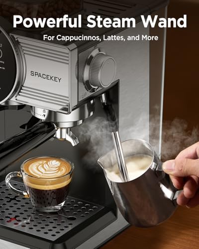 Spacekey Espresso Machine with Grinder - 20 Bar All-in-One Coffee Maker with Milk Steam Wand/Frother, Cold Brew, 30 Grind Settings, 60oz Removable Tank - Home Barista Kit for Lattes, Cappuccinos