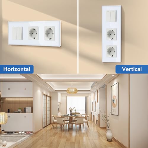 BSSED Lichtschalter Mit Doppelt Steckdose 2 Fach 2 Wege, 10A Kristall Glas Platte Wandschalter Mit 16A Schuko Steckdose Weiß, Physische Taste Schalter - 228mm
