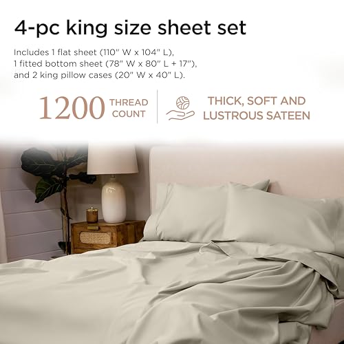 Image of Threadmill 1200 Thread Count Supima Cotton King Sheet Set, Sateen, Taupe | 100% Supima Cotton, Sateen Weave, 4-Piece Set, 17 inch Deep Pocket, All-Around Elastic, Hotel Quality, OEKO-TEX Certified
