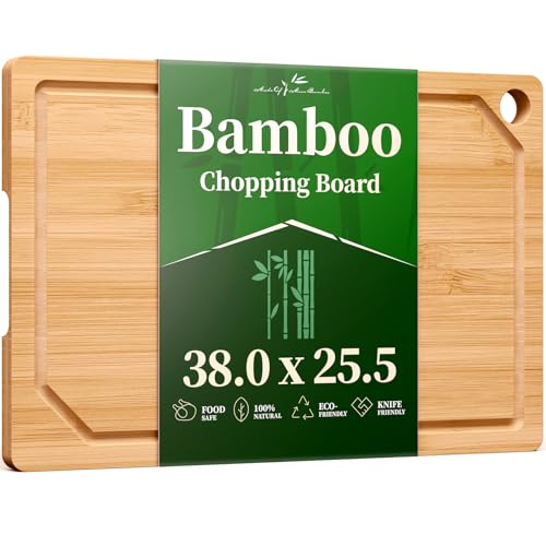 Kitsure Bamboo Chopping Board - Multi-Size Wooden Chopping Boards for Kitchen 38.0 x 25.5 cm Kitchen Essentials with Deep Juice Grooves Cutting Board for Prep & Serving Large Natural