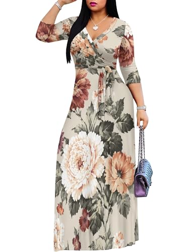Image of Women Plus Size Long Sleeve V Neck Maxi Dress with Belt | Soft fabric relaxed fit three quarter sleeve v neck with pockets for party and daily wear