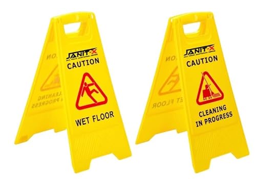 Janit-X Caution Wet Floor & Cleaning In Progress Yellow Warning A-Frame 63cm x 30cm (2 PACK)