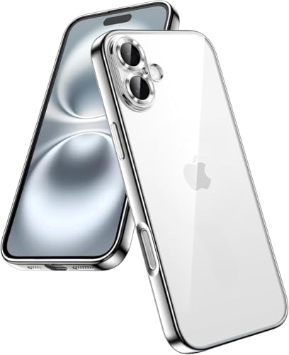 Image of VONZEE Electroplated Transparent Clear Transparent Cover for iPhone 16, TPU Cover, Full Body & Individual Camera Protection Bumper Cases for Men & Women (Silver)