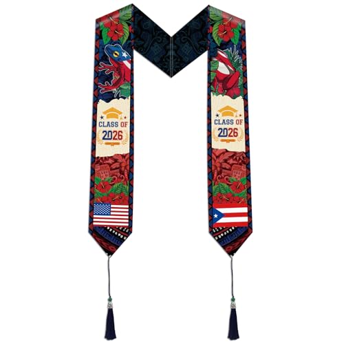 Aposwow Puerto Rico Graduation Sash - Puerto Rico American Flag Hibiscus Graduation Stole 2026, Cute Coquí Stole with Tassel for International Study Aboard Student Accessories Class of 2026