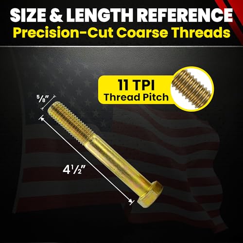 Image of Chenango Supply 5 /8-11 x 4-1 /2 inch Grade 8 Hex Head Cap Screws, Alloy Steel Hex Bolts, 150,000 PSI Tensile Strength, Yellow Zinc Chromate Finish, USS Coarse Thread Fasteners (10 Pack, 5 /8-11 x 4.5 G8)