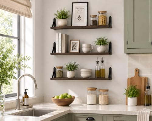 Image of Decazone Floating Shelves for Wall Storage Set of 3, MDF Board Bookshelves for Living Room, Bedroom, Kitchen, Office Sturdy Wall-Mounted Display, Bookcase, Decor (Wenge, Wide- 20 inch)