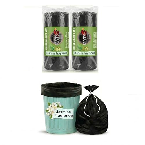 Image of KATS GLOBAL (Jasmin Fragrance) Scented Garbage Bags | Medium 19 X 21 Inches | 60 Bags (30 Bags X 2 Rolls) | Dustbin Bag /Trash Bag | (Black) - Easy Dispensing