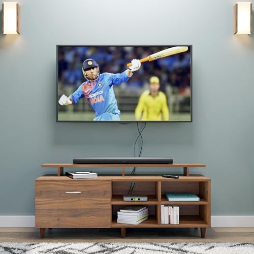 Image of VIKI Modern TV Unit for Living Room | Engineered Wood TV Cabinet with 1 Drawer Storage, 2 Open Shelves & Extension, Entertainment Unit, 140W x 48H x 40D cm | DIY | 1 Year Warranty (Walnut)