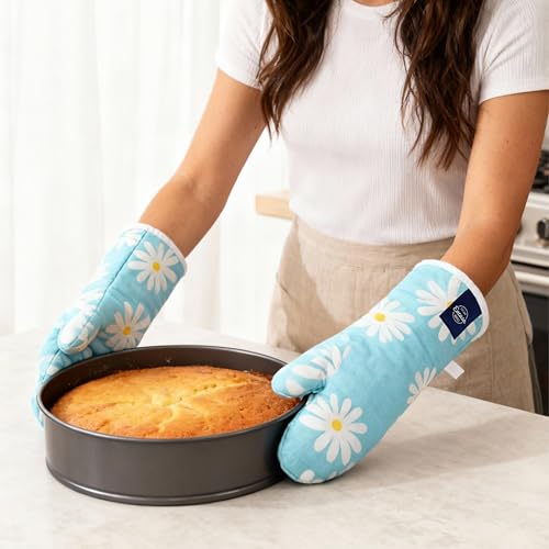 Image of Encasa XO Extra Long 18x35 cm Microwave Oven Gloves Mitts (2 pcs) for Kitchen Cooking - Daisy Blue - Heat Resistant, Thick & Safe, Protection of Hands from Hot Utensils, Gas Flame, Grill, Barbecue