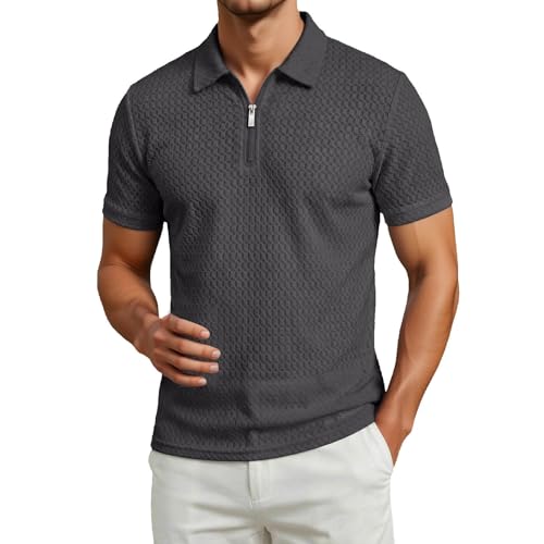 Image of Polo Shirts for Men Adult Textured Knit Zip Collar Shirt Breathable Comfort Fit Casual Athletic Sport Top with Modern Design (Grey, L)