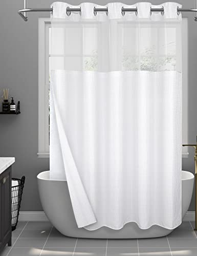 SUMGAR No Hook Shower Curtain White Waffle Weave Textured Fabric Cloth Hotel Luxury Shower Curtains Set with Snap in Liner for Modern Farmhouse Bathroom 71 x 74
