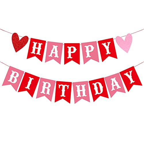 Image of FestikoHappy Birthday Banner for Valentine's Day Red Pink Valentine's Day Themed Birthday Banner with Glitter Heart Signs Valentines Birthday Paper Banner for Home Wall Party Decorations Supplies