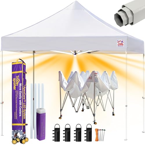 Tradesparker 10x10 Pop Up Canopy Tent,Commercial Movable Canopy with ApexCore LED&Rugged Casters-Instant Easy Setup Shelter Canopies with Weight Bags&Stakes for Outdoor Events Markets Vendors,White
