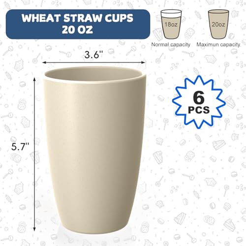 Image of Wheat Straw Reusable Cups, 20 OZ Large Unbreakable Cups Set of 6 | Plastic Drinking Glasses for Latte & Cold Brew - Dishwasher Safe Cups for Breakfast