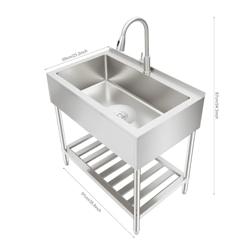 Utility Sink Stainless Steel Freestanding Large Basin Single Bowl Laundry Sink with Pull-out Faucet Commercial Kitchen Sinks with Lower Shelf for Restaurant, Garage, 35.8"W x 23.2"D x 34.3"H - Thumbnail 2