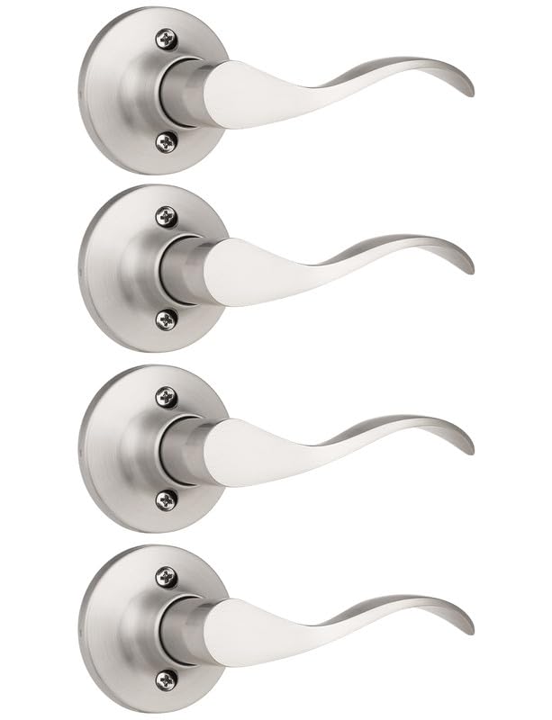 Image of Mengico 4 Pack Satin Nickel Dummy Door Lever, Single Right Side Door Handle for Closets, Non-Turning Pull Only Lever Set, Wave Style Interior Door Knob