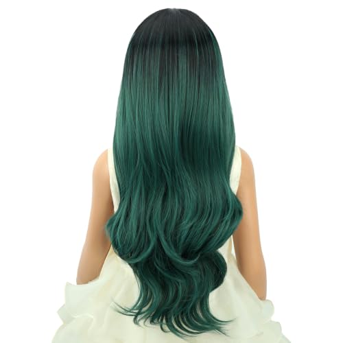Image of Black and Green Wig Long Black and Green Middle Part Wig Long Wavy Curly Wigs Heat Resistant Synthetic Wigs for Daily Party Use